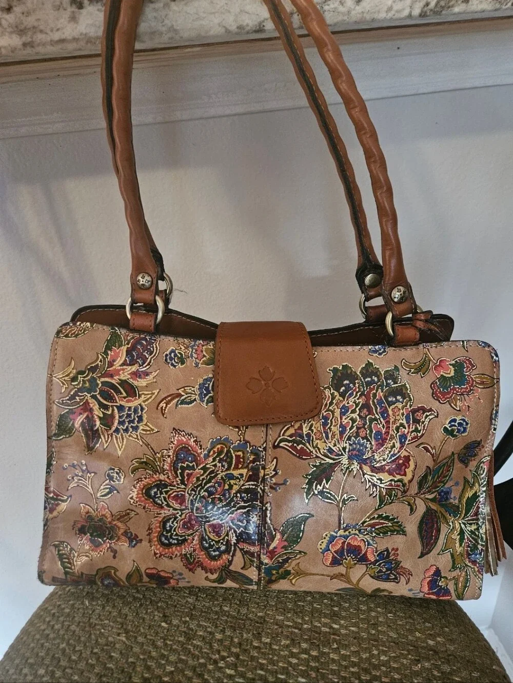 Floral Embossed Tan Leather Tote Bag